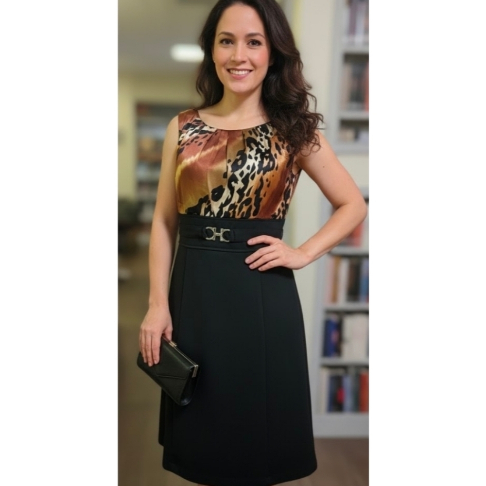 Roz & Ali Black Dress with Animal Print Upper top,  10 GUC ✔️